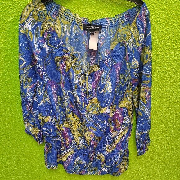 Jones New York Blue and Yellow Smocked 3/4 Sleeve Blouse - Picture 1 of 3